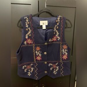 Cotton Ginny Medium Embroidered Navy Vest 90’s Vintage Eclectic Grandpa
